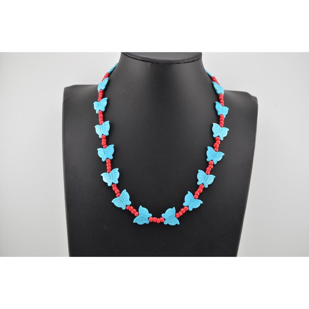 Navajo Mary W Roanhorse Carved Blue Howlite & Red Seed Bead Necklace